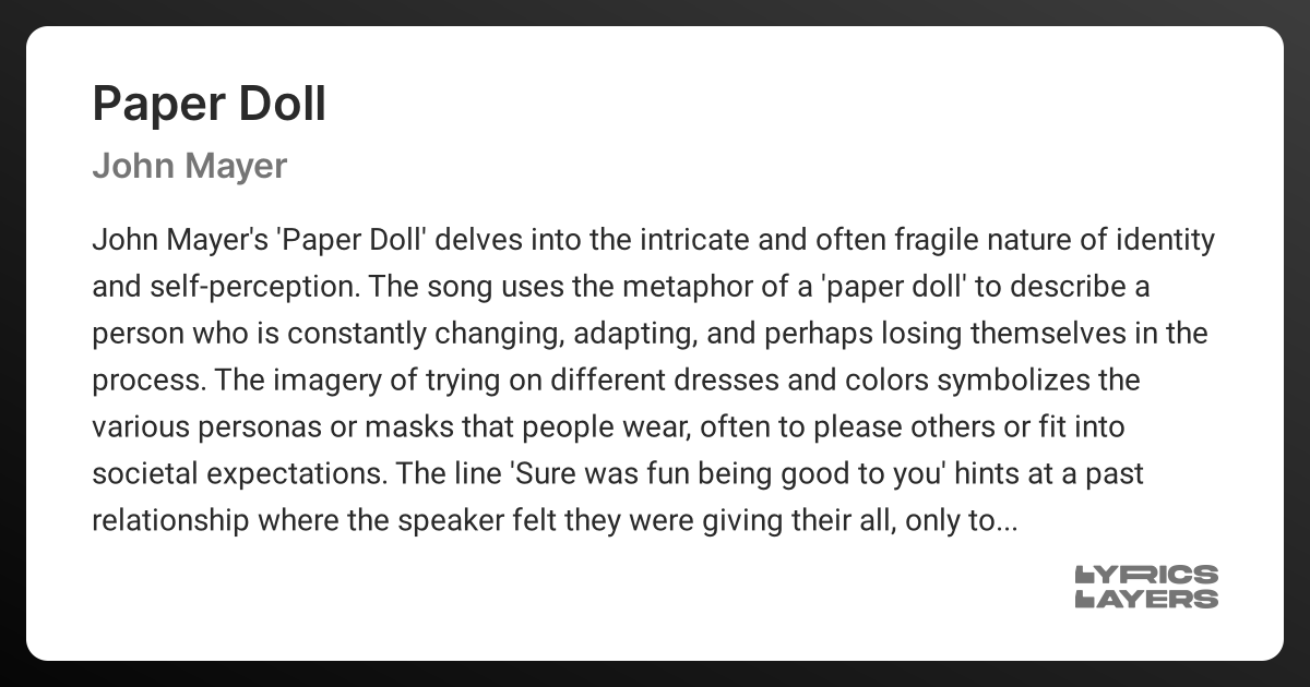 Meaning of PAPER DOLL (John Mayer)
