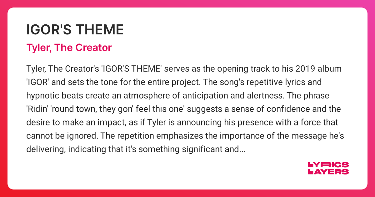 IGOR'S THEME - Tyler, The Creator - LYRICSLAYERS.COM