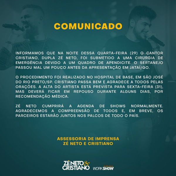 Zé Neto e Cristiano enviaram comunicado à imprensa