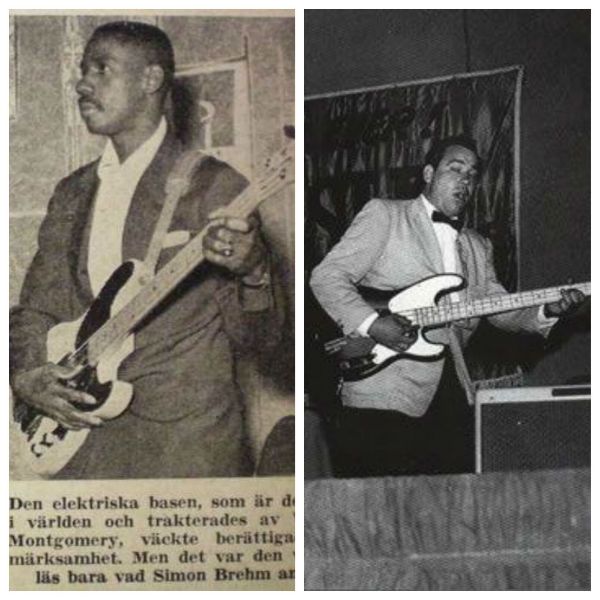 Montagem de fotos com os músicos Monk Montgomery e Bill Black, pioneiros no uso do baixo elétrico