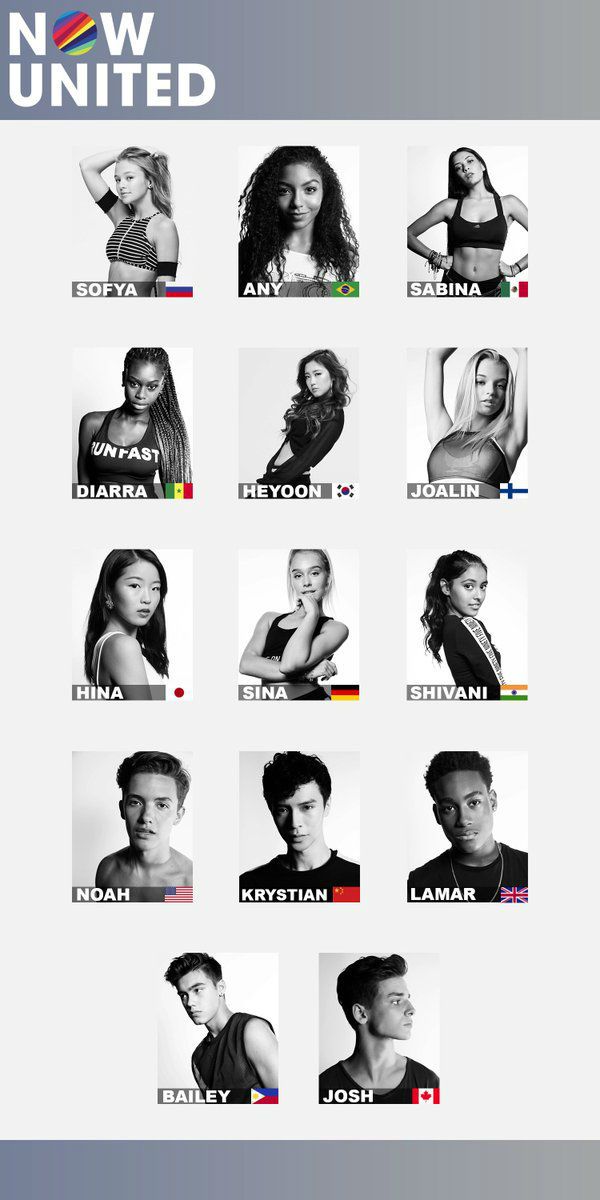 Os membros da formação original do Now United e as bandeiras de seus respectivos países