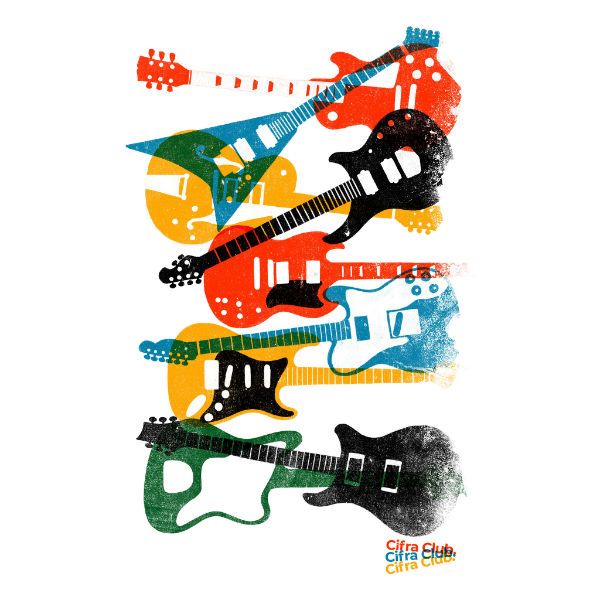 Camiseta Cifra Club, estampa Hard 80s apresenta várias guitarras icônicas