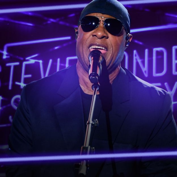 En la imagen el cantante Stevie Wonder se presenta en vivo