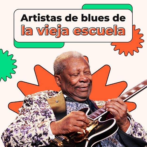 En la imagen, una persona toca la guitarra eléctrica, y al lado está escrito "Artistas de blues de la vieja escuela"