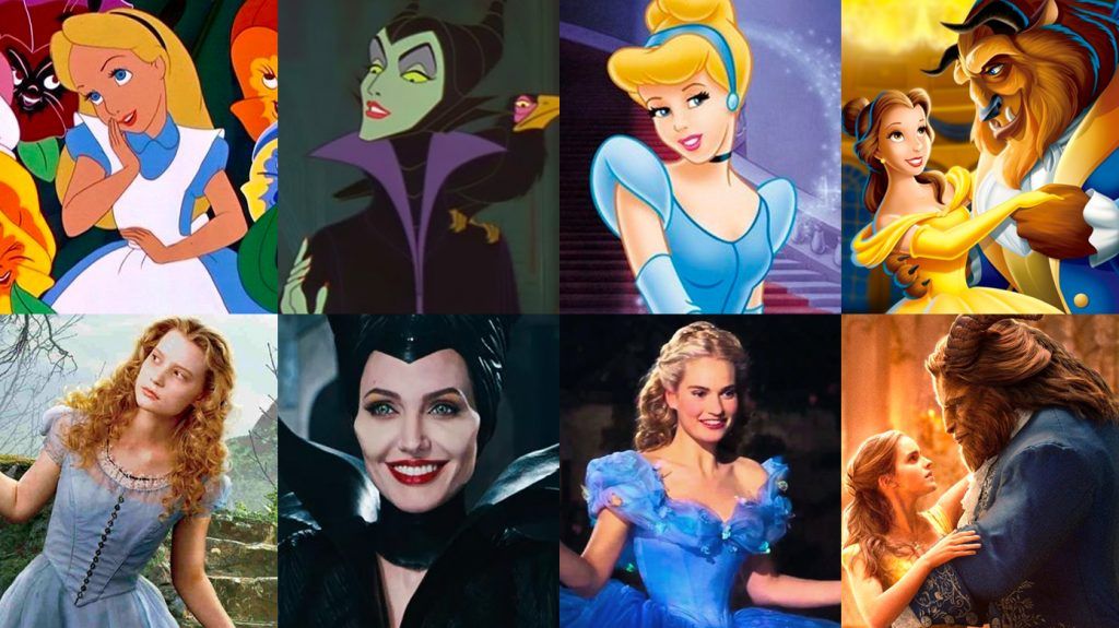 Comparação dos personagens clássicos da Disney com suas novas versões nos remakes.