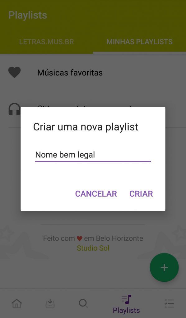 Tela de como criar playlists no app