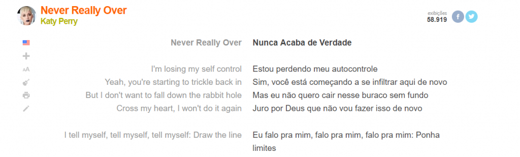 Letra e tradução corretas da música "Never Really Over" no site Letras.mus.br