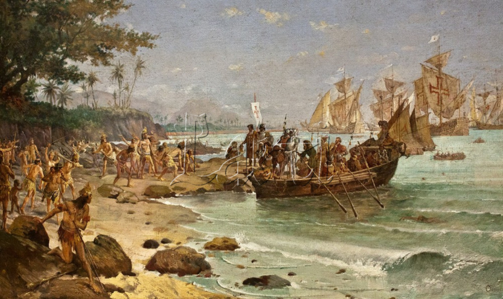 Pintura Desembarque de Pedro Álvares Cabral em Porto Seguro em 1500, do artista Oscar Pereira da Silva