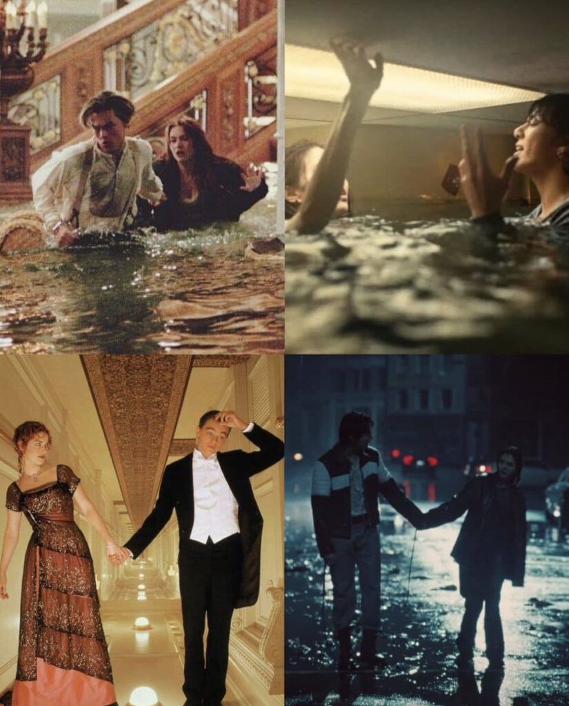 En la imagen, se comparan dos escenas del video de Seven con Titanic, la película
