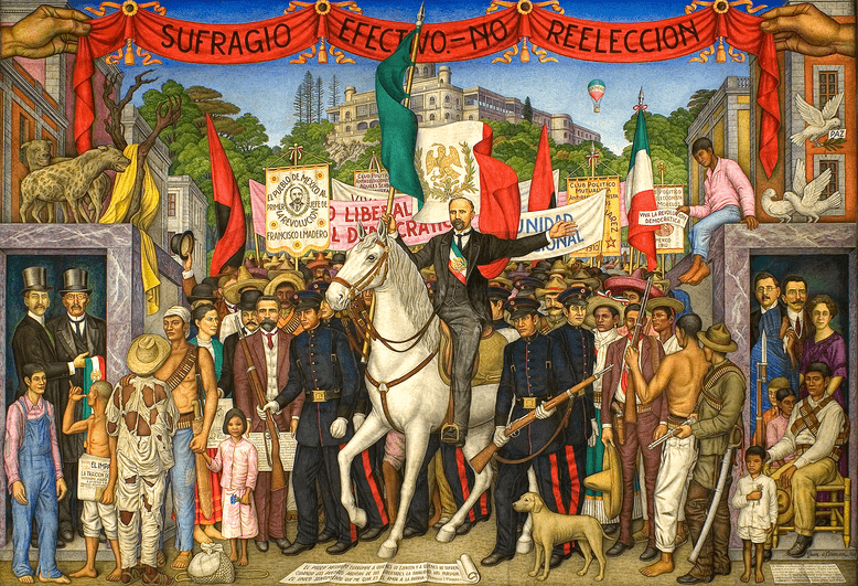En la imagen, se ve una representación de la Revolución Mexicana