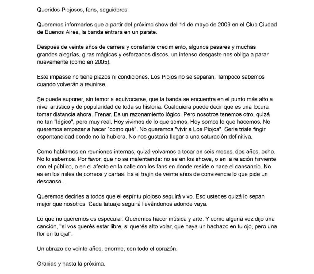 Carta que publicaron Los Piojos para anunciar el parate de la banda