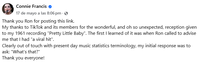 Publicación de Connie Francis en Facebook