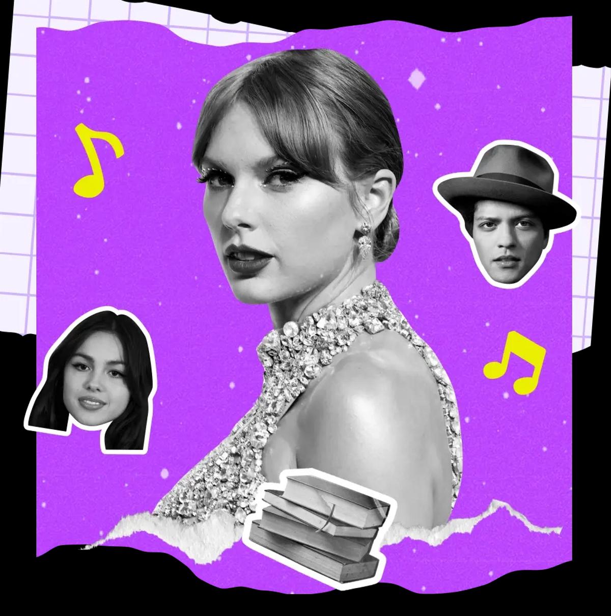 Taylor Swift no centro, Bruno Mars à direita, Olivia Rodrigo à esquerda, fundo roxo com notas musicais e alguns livros na frente.