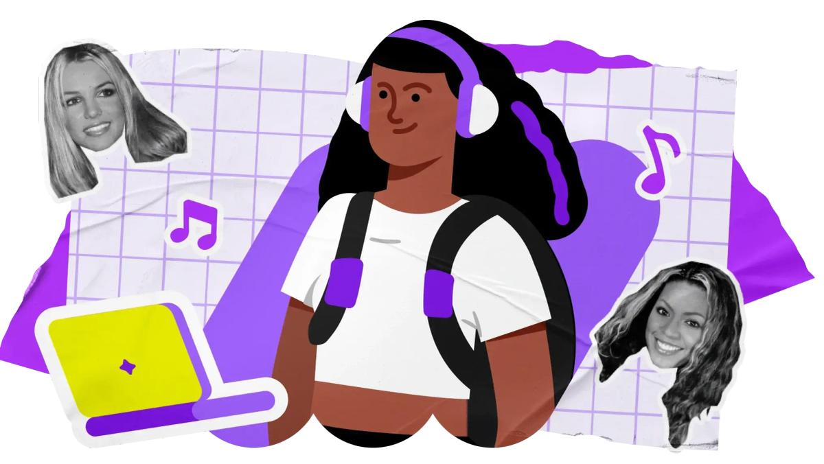 Ilustração de uma mulher jovem, de pele parda e cabelos pretos. Ela usa uma blusa branca e está com uma mochila preta nas costas. Está com fones de ouvido e a sua frente possui um notebook verde com uma estrela roxa. Ao seu lado, flutuam ilustrações com o rosto da Beyouncé e Britney Spears
