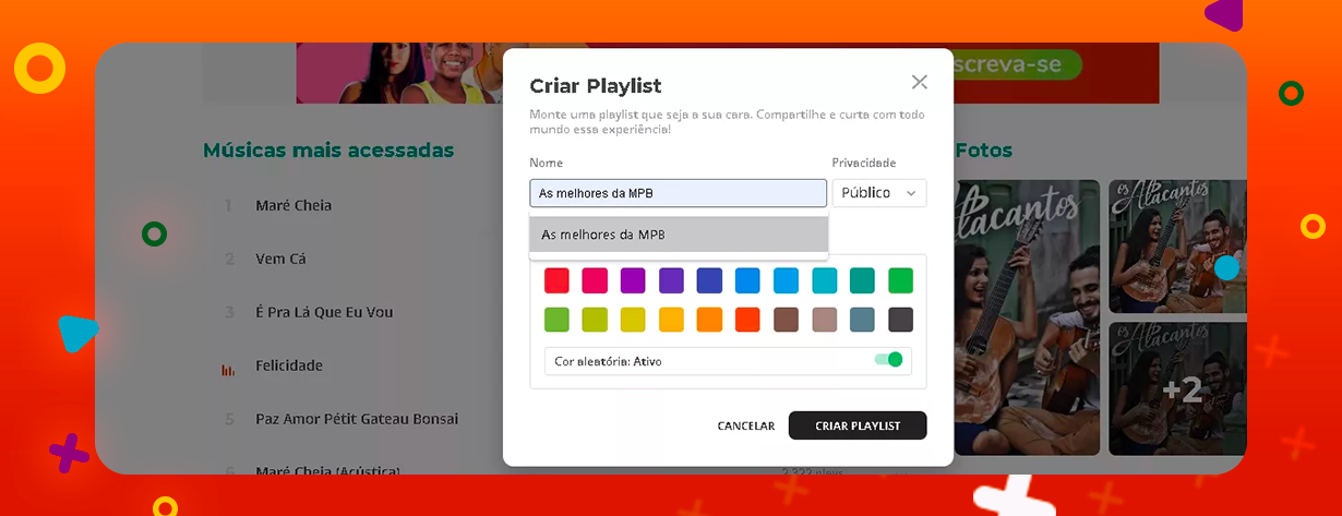 Imagem mostra o box de personalização de playlists do Palco MP3