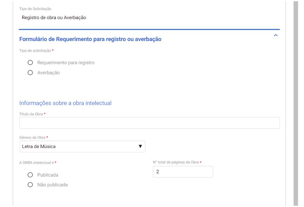 Print da página do formulário de requerimento para registro de música no site do Governo Federal