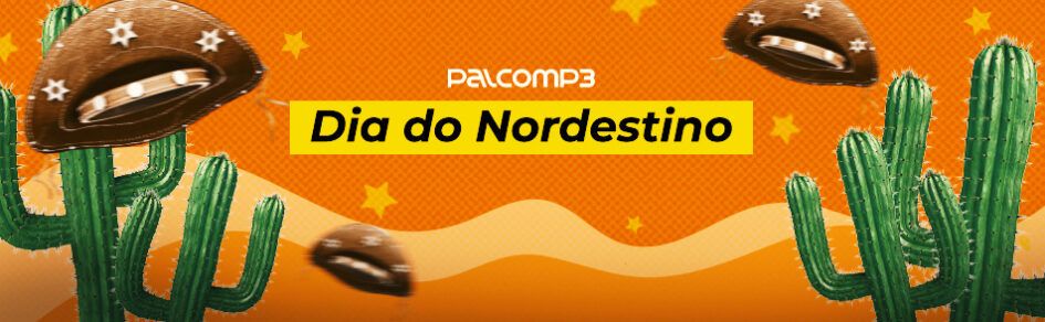 Cactos, chapéu de cangaceiros sobre fundo laranja e os dizeres "Dia do Nordestino"