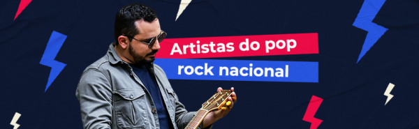 Artista Vitor Souza sobre fundo azul que diz ‘Artistas do pop rock nacional