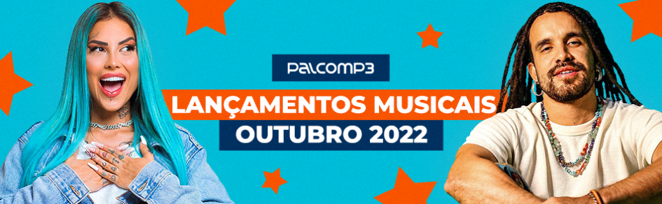 Tati Zaqui e Arthur Xará sobre fundo azul com os dizeres "Lançamentos Musicais Outubro 2022"