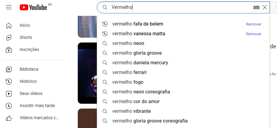 Uma busca pela música Vermelho no YouTube