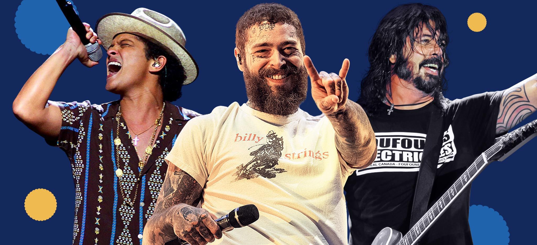 Arte que destaca Post Malone, Bruno Mars e Dave Grohl