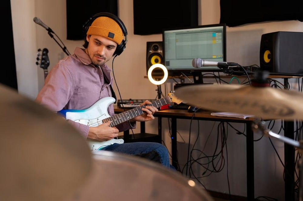 Músico gravando uma música em casa